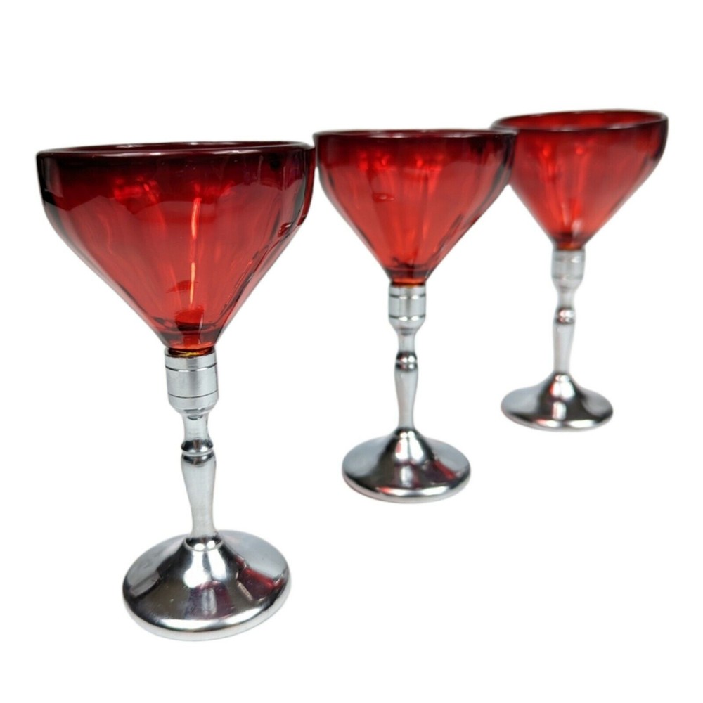 Vintage Paden City Glass Chrome Stem Ruby Red Wine Glasses Christmas Holidays
